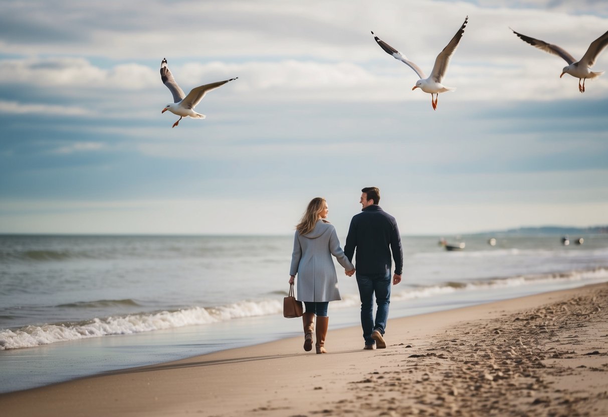 A couple strolls along the sandy beach, with gentle waves lapping at the shore and seagulls soaring overhead