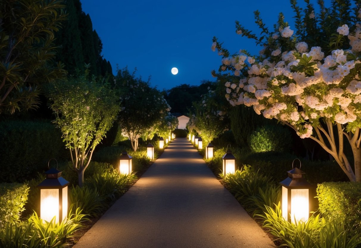 A moonlit path winds through lush gardens, illuminated by soft lanterns and fragrant with blooming flowers