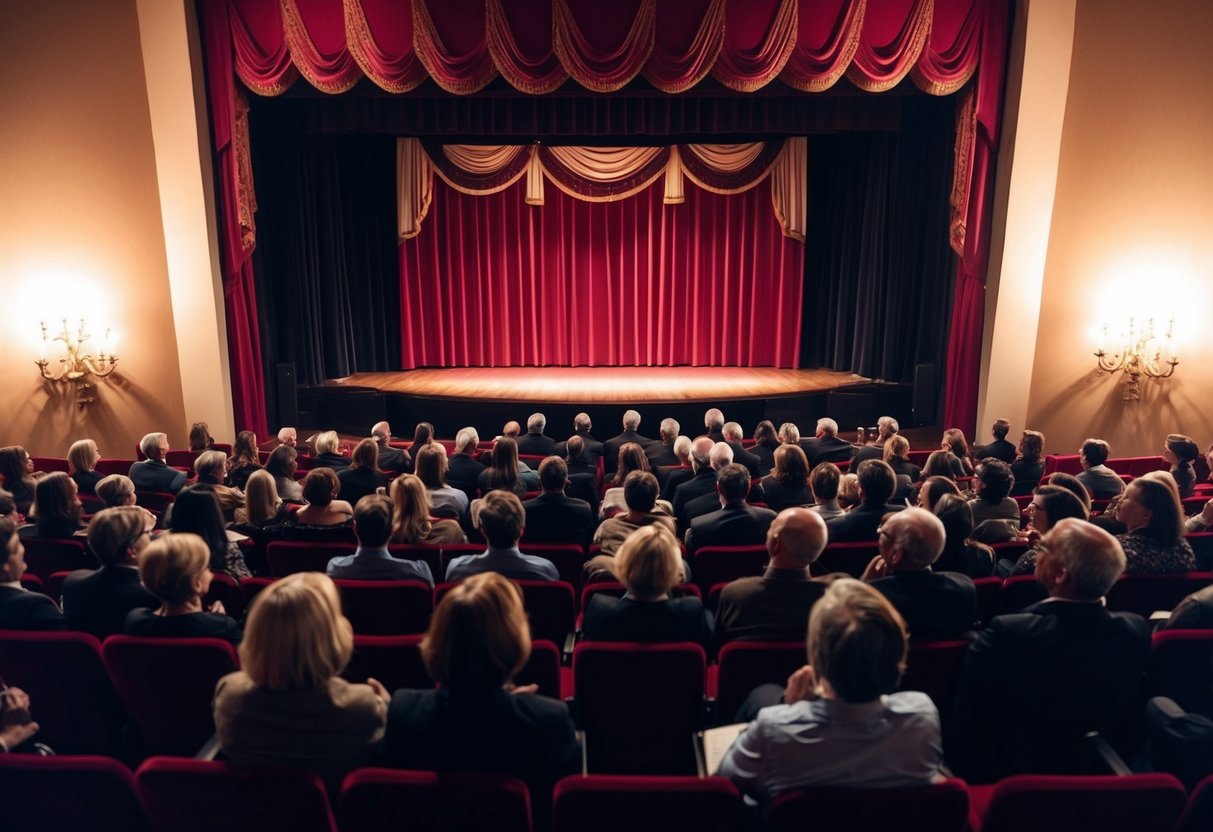 Audience members seated in a dimly lit theater, facing a stage with a red velvet curtain and ornate decorations
