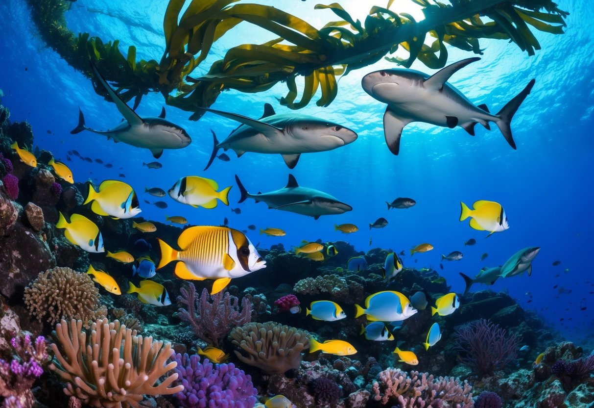 Colorful fish swim in a vibrant coral reef, surrounded by waving sea anemones and swaying kelp. Rays and sharks glide gracefully through the water, while sea turtles lazily paddle by