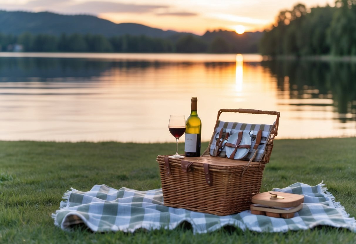 A cozy picnic blanket with a basket of food and wine set against the backdrop of a calm lake at sunset