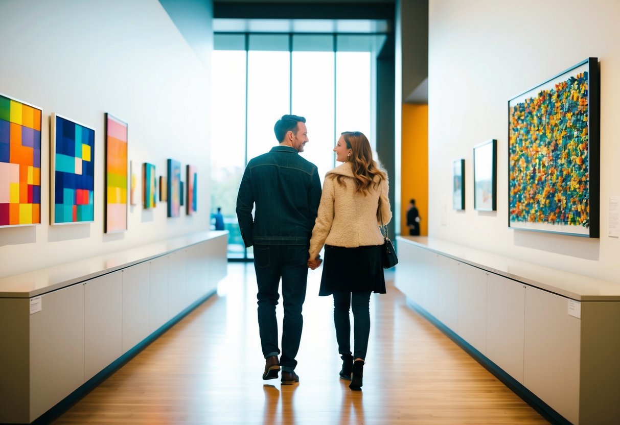 A couple strolling through the Akron Art Museum, admiring the modern architecture and colorful artwork