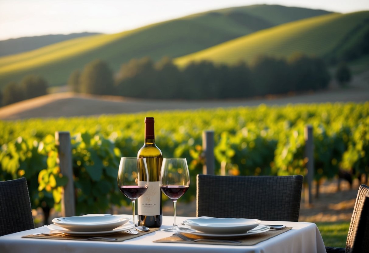 A cozy wine tasting at Winery at Wolf Creek, with a table set for two surrounded by rolling hills and vineyards