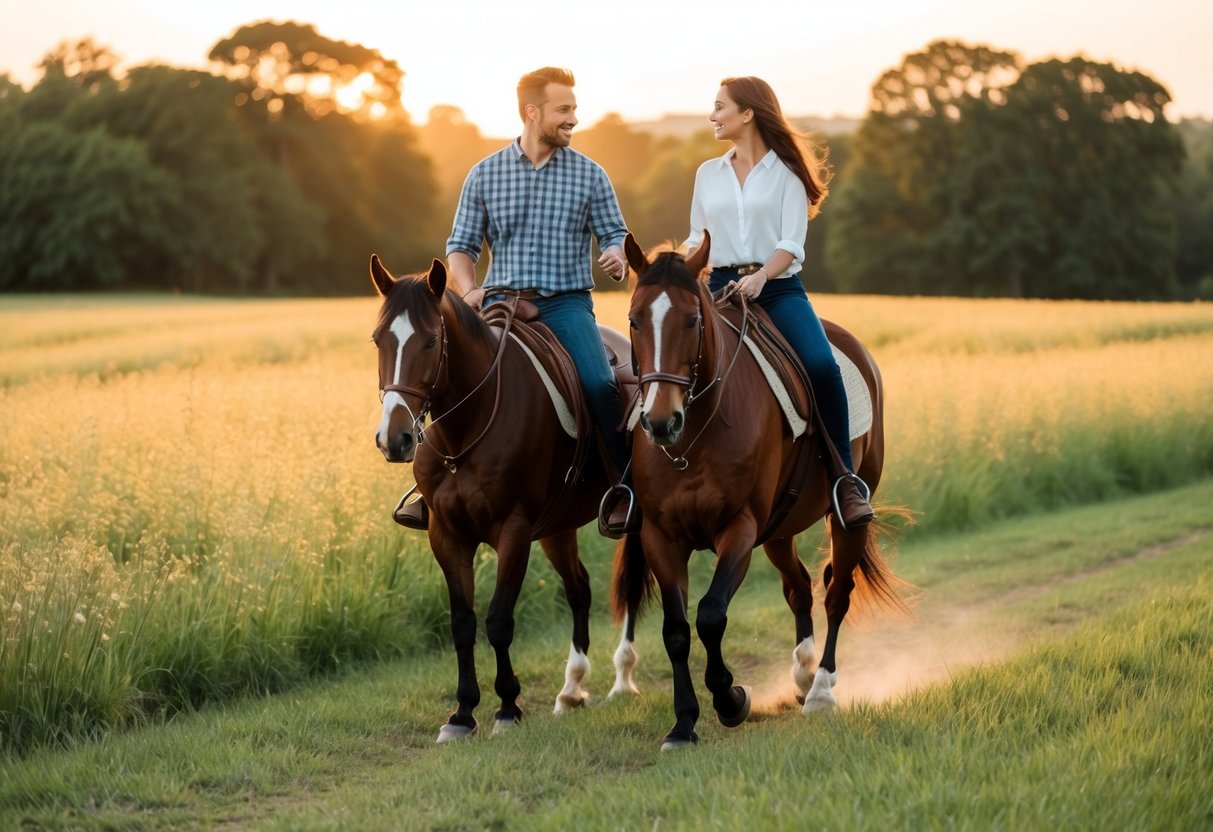 A couple rides horses through a peaceful meadow at sunset