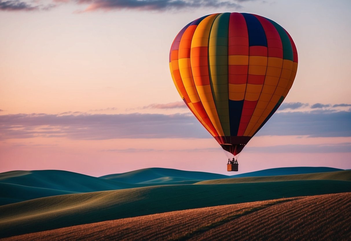 A colorful hot air balloon floats over rolling hills at sunset