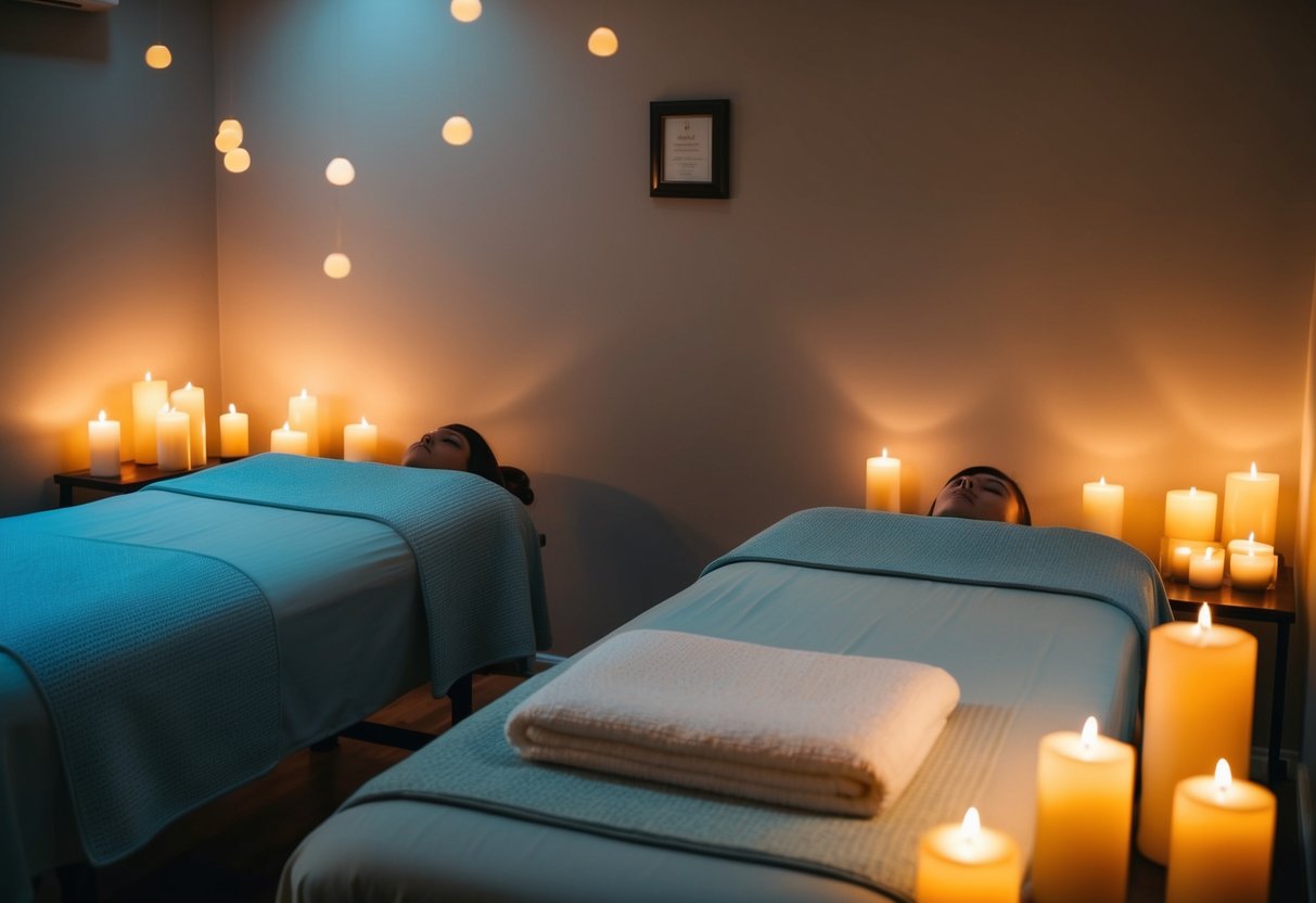 A dimly lit room with two massage tables, soft music, and flickering candles create a serene atmosphere for a couple's massage at Summit Spa