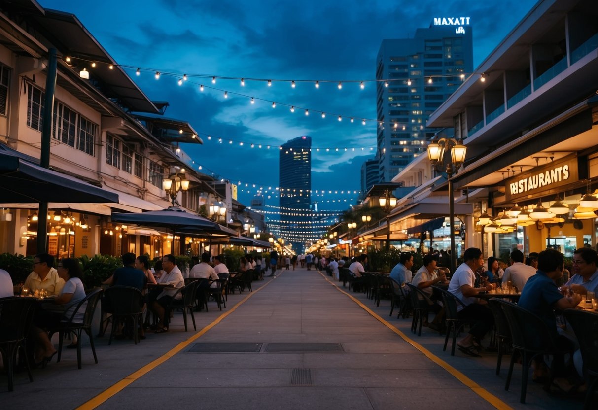 A bustling Makati street at dusk, with twinkling city lights and bustling restaurants and cafes lining the sidewalks