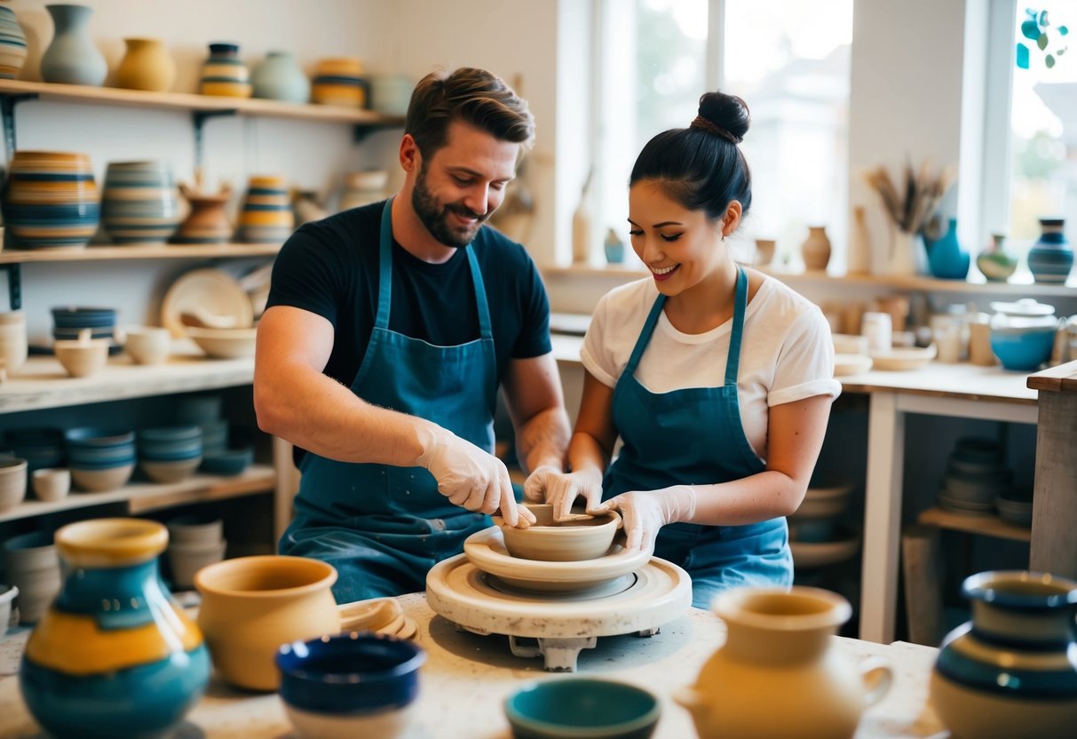 A couple sits at a pottery wheel, shaping clay together in a cozy studio filled with colorful ceramic pieces