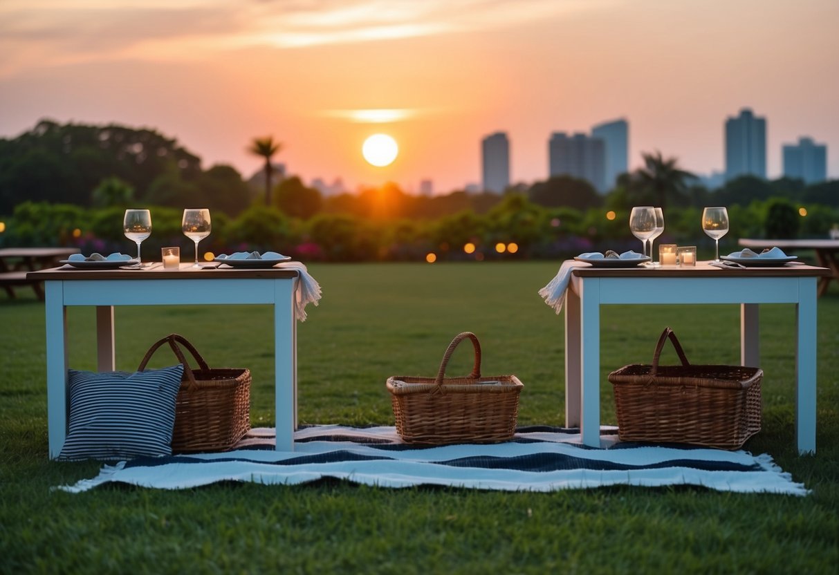 A cozy picnic setup under the warm glow of a setting sun at Ayala Triangle Gardens in Makati. Tables, blankets, and baskets of food create a romantic ambiance