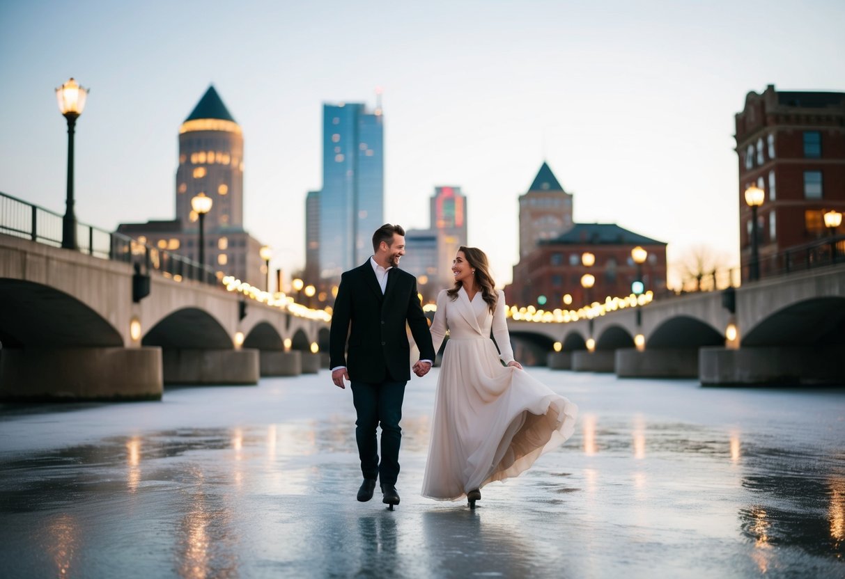 A couple gracefully glides across the ice at Lock 3 under the soft glow of twinkling lights, surrounded by the beauty of Akron, Ohio