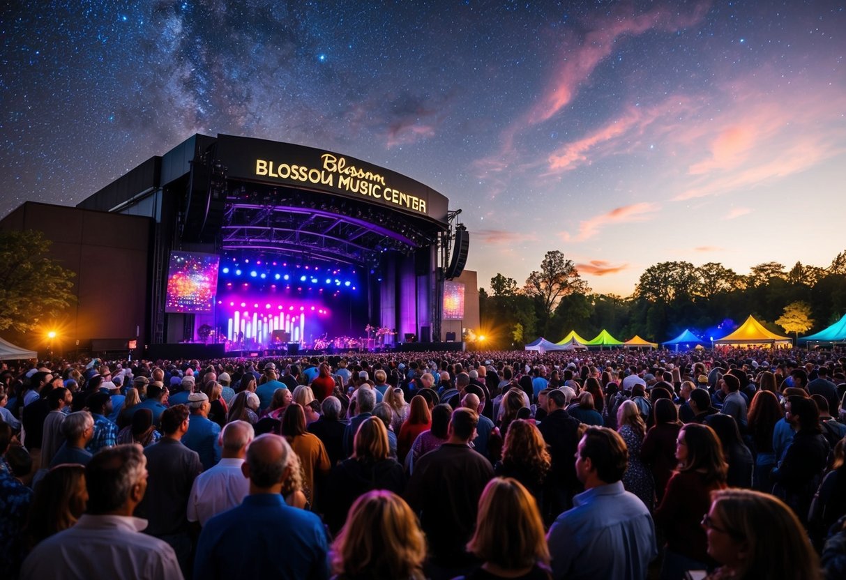 Crowds gather under the stars at Blossom Music Center, colorful lights illuminate the stage as music fills the air