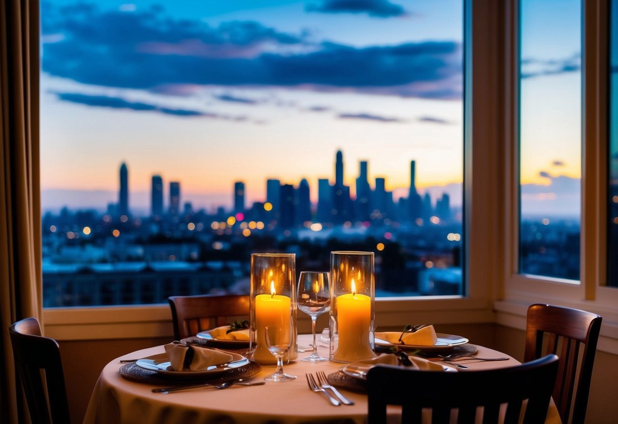 A cozy, candlelit dinner for two in a charming hotel room, with a view of the city skyline through the window