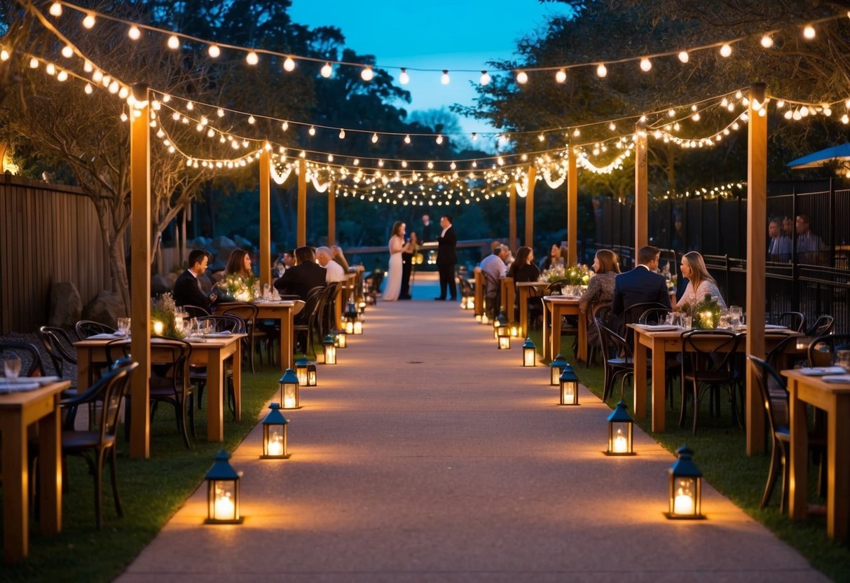 Lantern-lit path winds through zoo, lined with cozy tables and twinkling lights. Animals roam in the background as couples enjoy drinks and live music