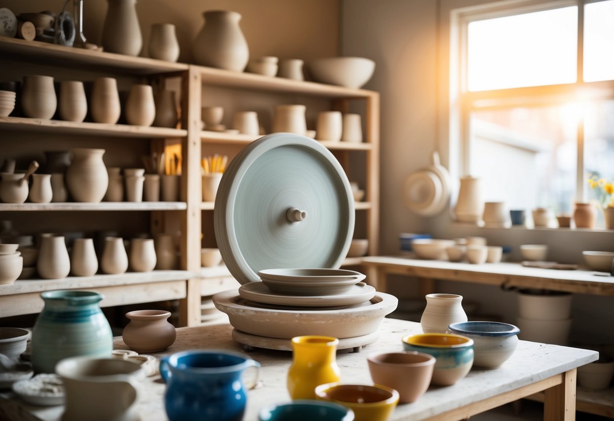 A pottery wheel spins in a sunlit studio, surrounded by shelves of clay pots and tools. A table displays colorful glazes and finished ceramics