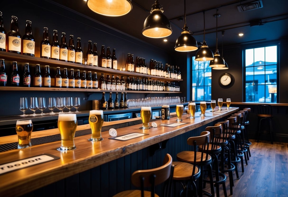 A cozy bar with shelves of craft beer bottles, dim lighting, and a rustic wooden bar. Tables are filled with beer glasses and tasters