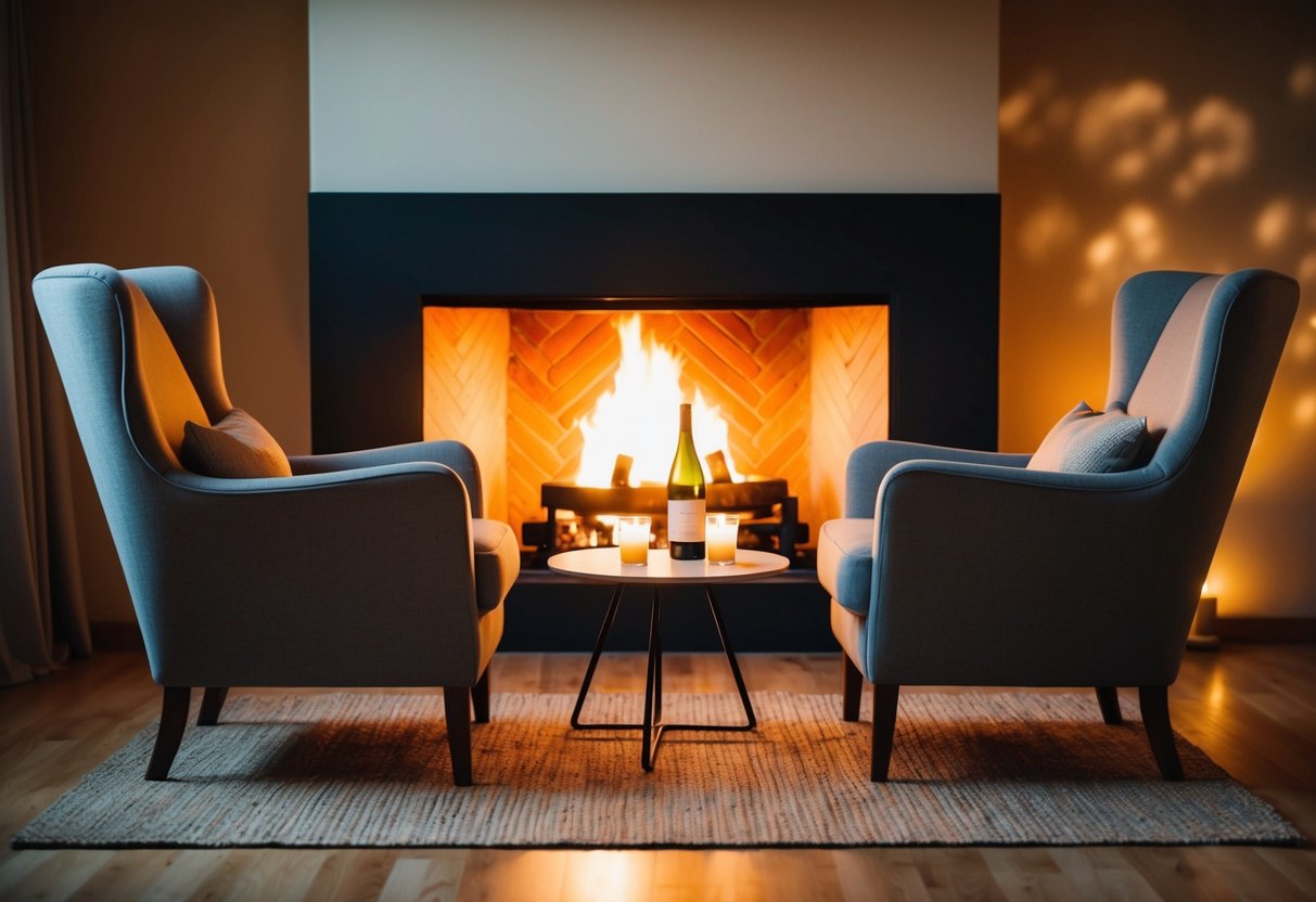 A warm, dimly lit room with a crackling fireplace, two comfortable chairs facing each other, a table set with candles and a bottle of wine