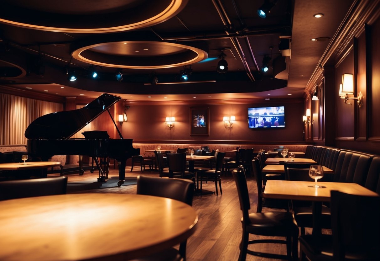 A dimly lit jazz club with a stage, cozy tables, and a warm, inviting atmosphere