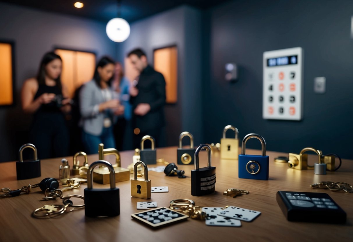 A dimly lit room with various locks, puzzles, and clues scattered around. A timer on the wall counts down as participants work together to solve the challenges and escape