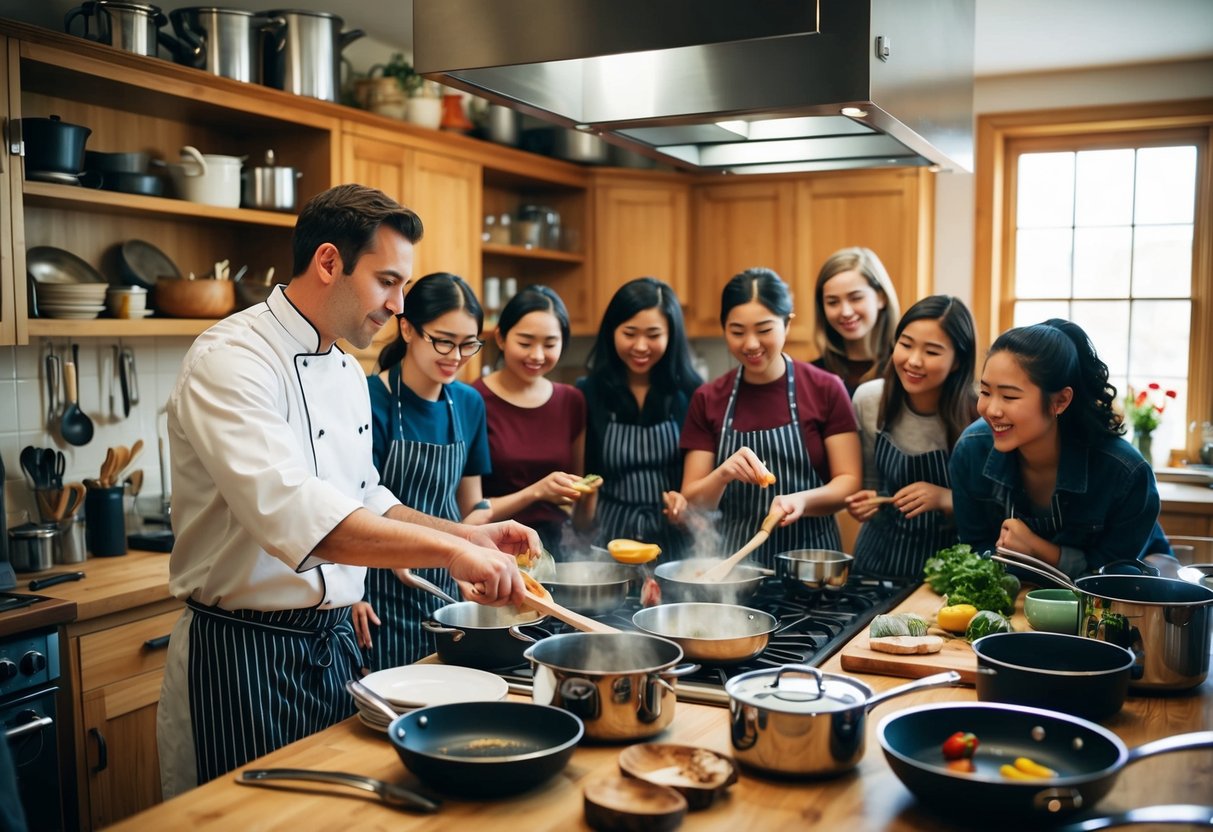 A cozy kitchen with pots, pans, and utensils scattered around. A chef demonstrates cooking techniques to a small group of eager students