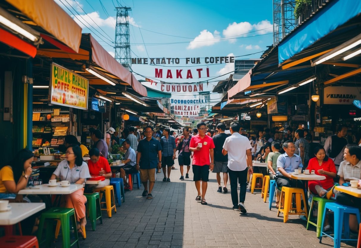 A bustling market with colorful stalls, people strolling, and enjoying coffee in Makati on a sunny Sunday