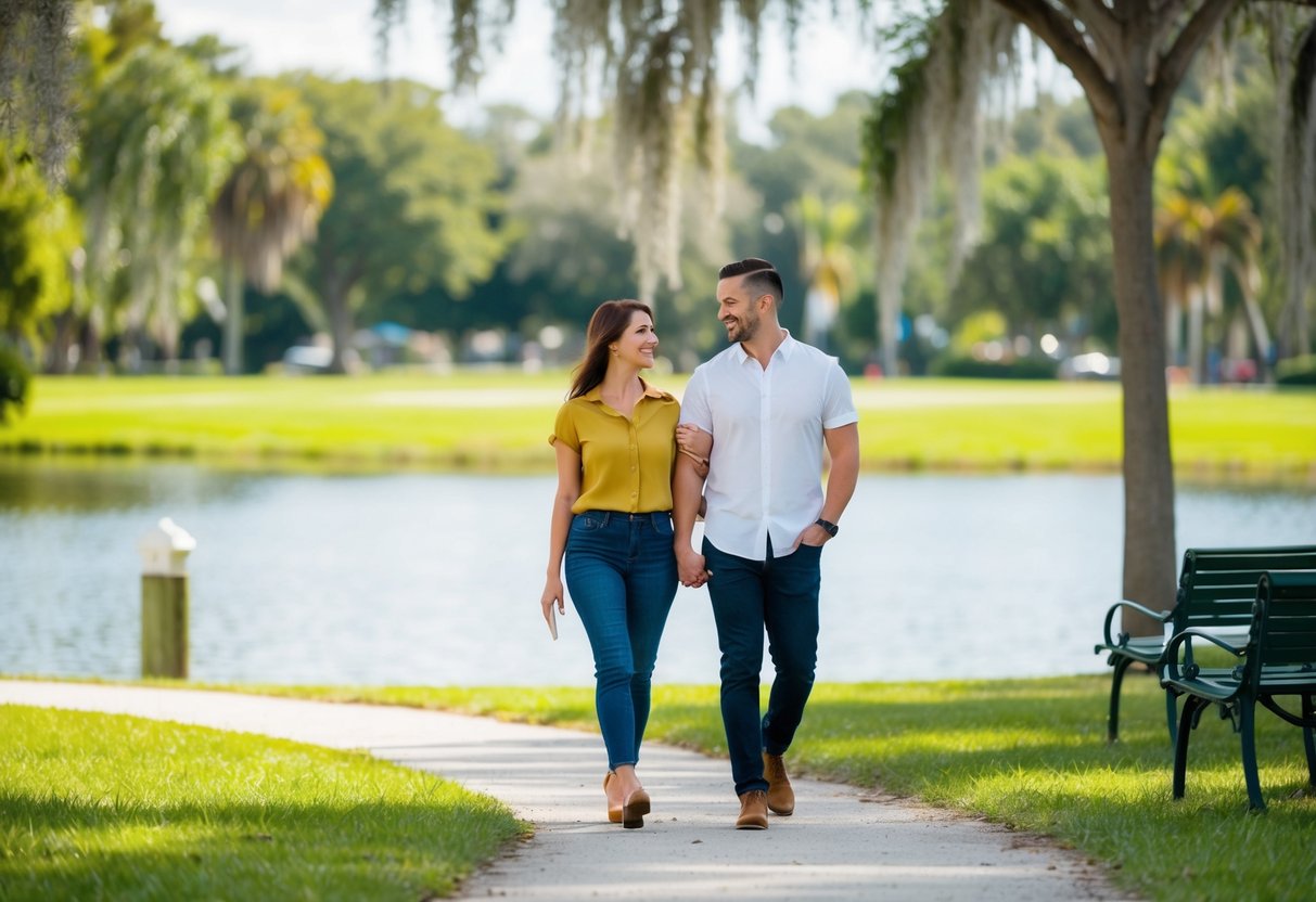 A couple strolling through a scenic park in Lakeland, FL, with a lake and lush greenery in the background