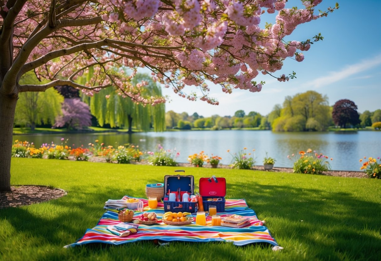 A colorful picnic spread under the shade of a blooming tree in Hollis Garden, with a view of the serene lake and vibrant flowers