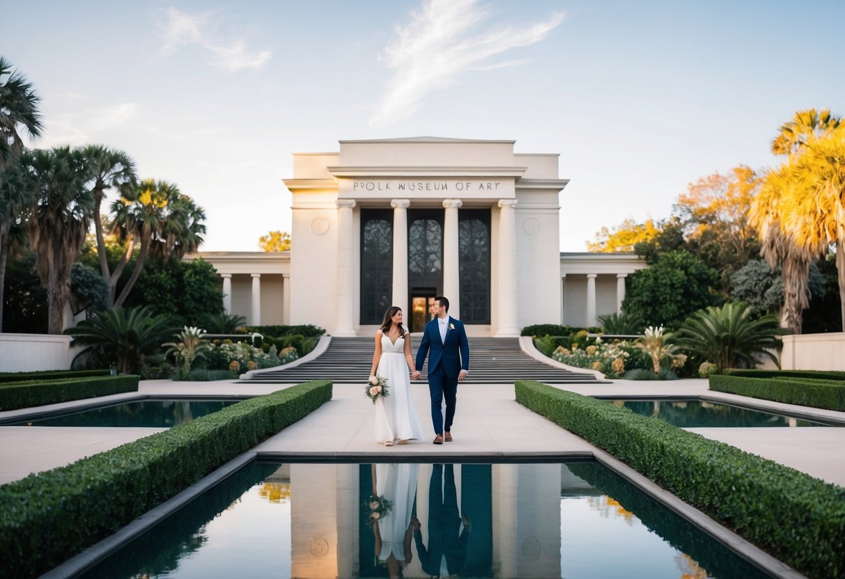 A couple walks through the grand entrance of the Polk Museum of Art, surrounded by lush landscaping and a serene reflecting pool