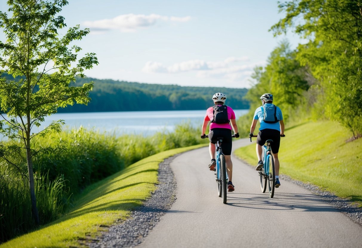 A couple bikes along the Fort Fraser Trail, passing through lush greenery and a serene lake