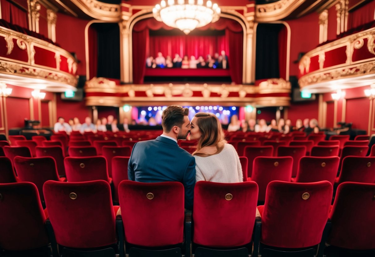 A couple sits in a vintage theatre, surrounded by ornate decor and red velvet seats, as they watch a live performance on stage