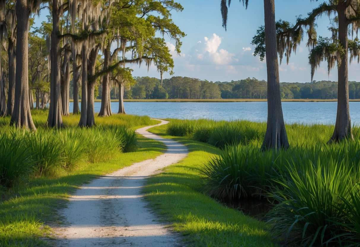 A winding trail through lush wetlands, with towering cypress trees and vibrant wildlife, leading to a serene lake at Circle B Bar Reserve