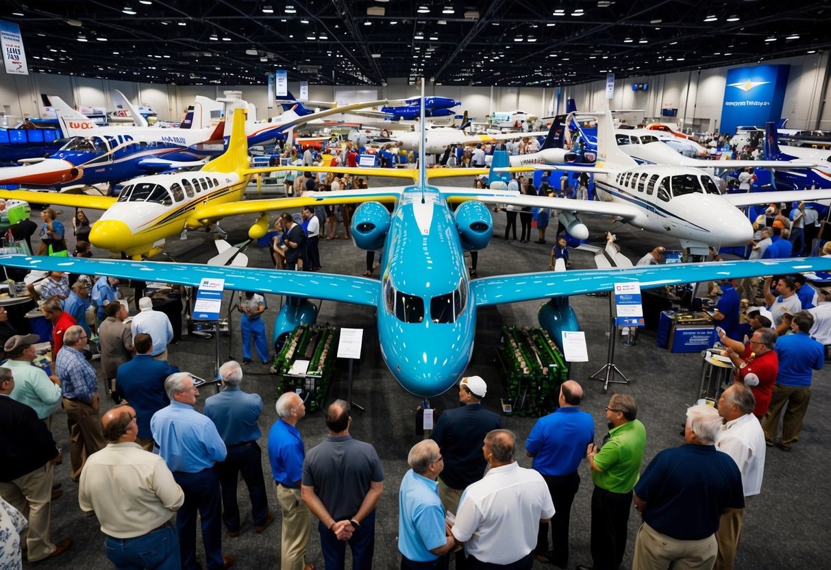 A bustling aerospace expo with colorful aircraft on display, surrounded by eager spectators and vendors