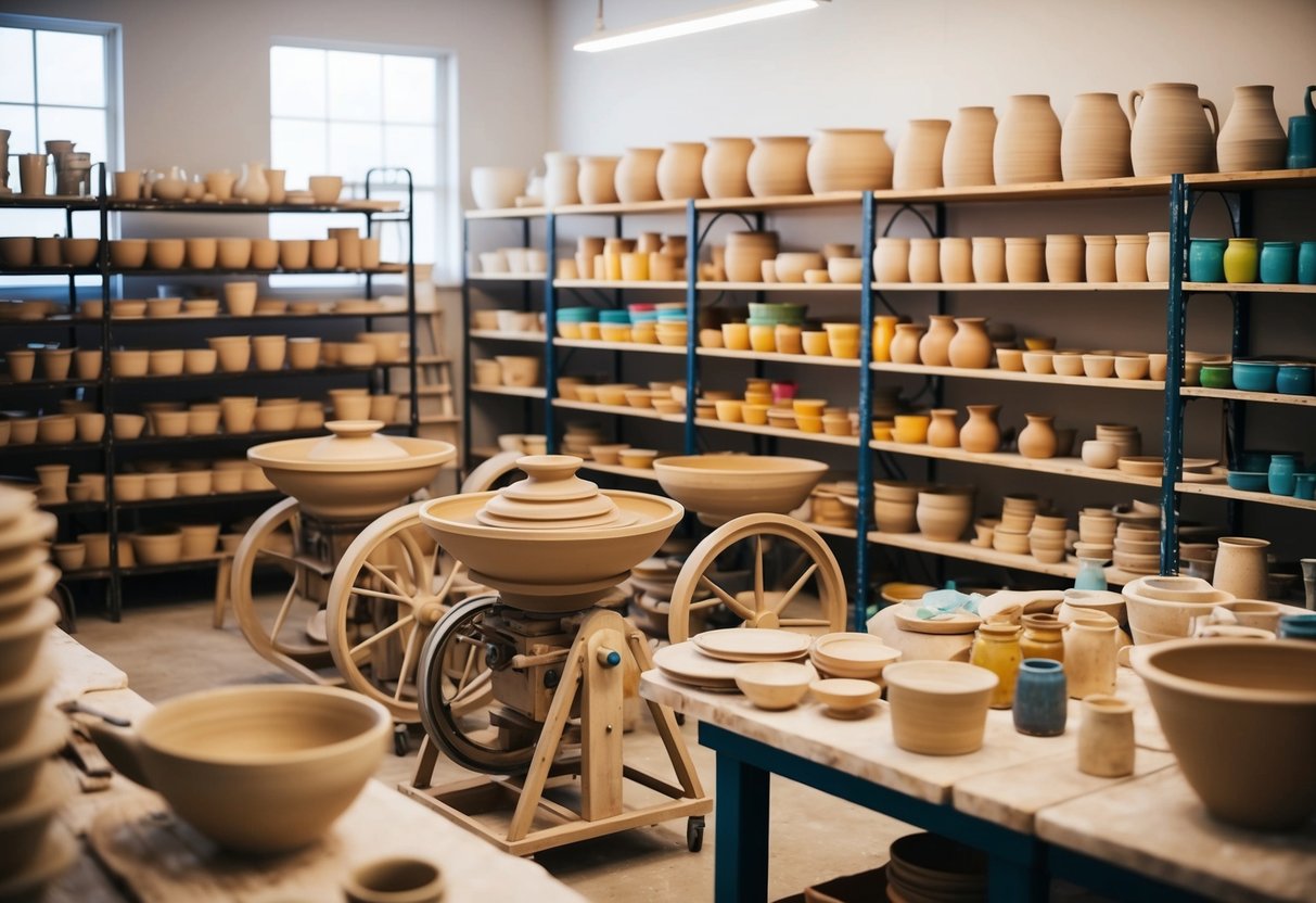 A bustling pottery studio with spinning wheels, shelves of clay, and colorful glazes. Tables are covered in tools and finished pieces