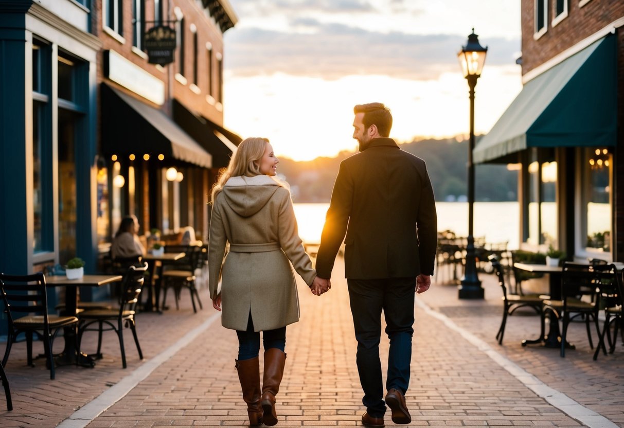 A couple strolls hand in hand through a charming downtown area, passing by quaint shops and cozy cafes with outdoor seating. The sun sets behind a serene lake, casting a warm glow over the scene