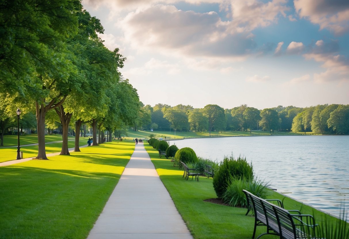 A serene lakefront park with lush greenery, walking paths, and a peaceful atmosphere