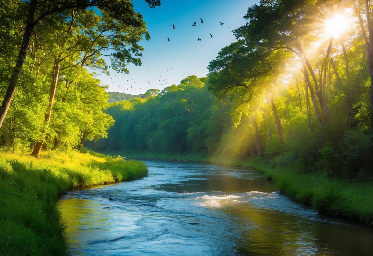 A serene river winding through a lush forest, with sunlight filtering through the trees and birds chirping in the distance