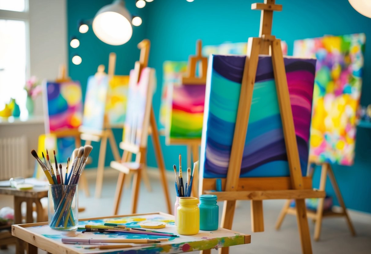 A cozy art studio with easels, paintbrushes, and colorful canvases. Bright lights and a relaxed atmosphere
