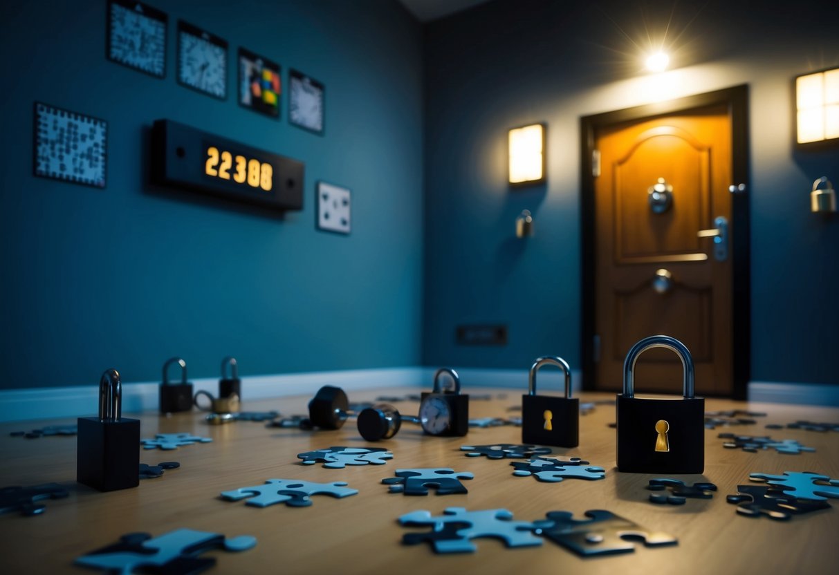 A dimly lit room with scattered puzzles and locks, a countdown timer on the wall, and a mysterious door waiting to be unlocked