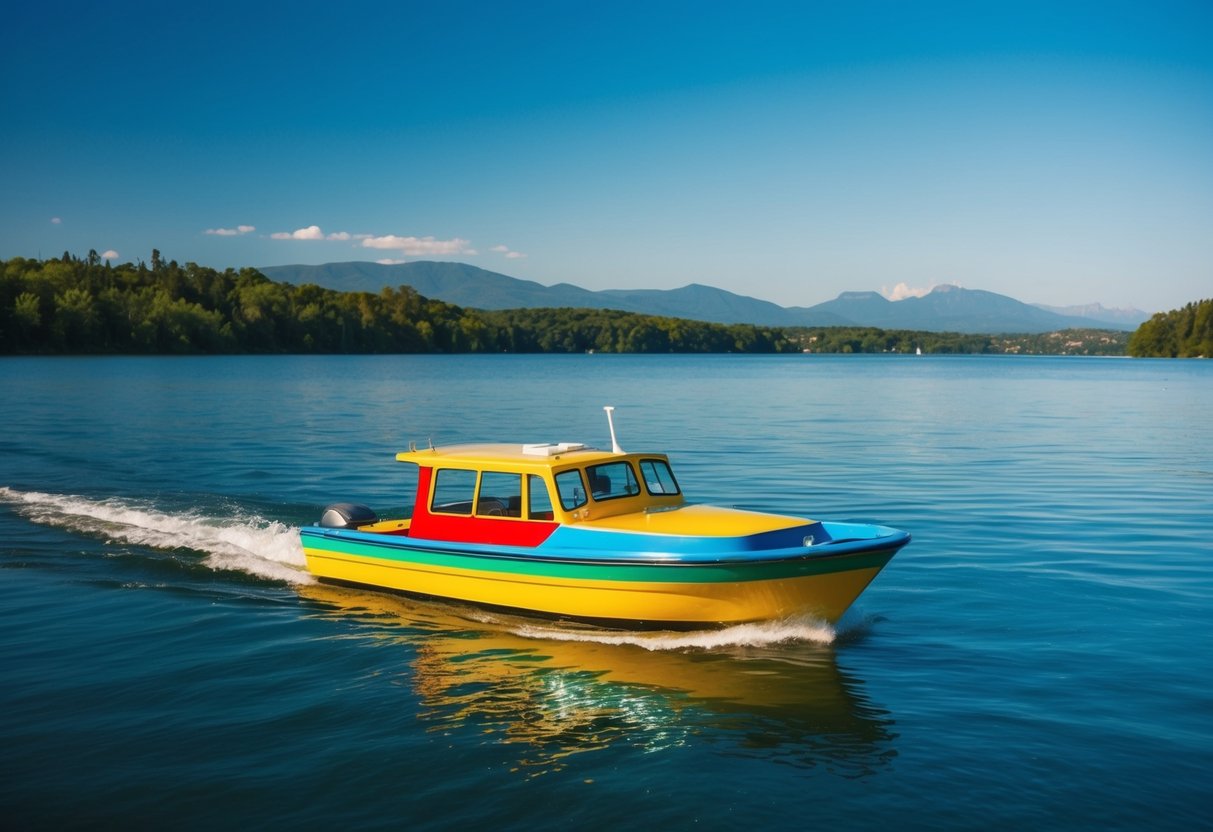 A colorful boat glides through a serene lake surrounded by lush greenery and distant mountains under a clear blue sky
