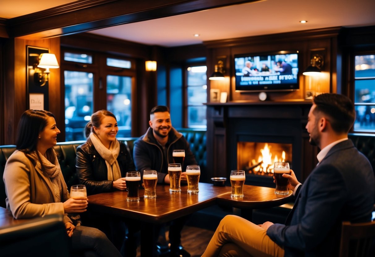 A cozy pub with dim lighting, a crackling fireplace, and couples enjoying pints and conversation