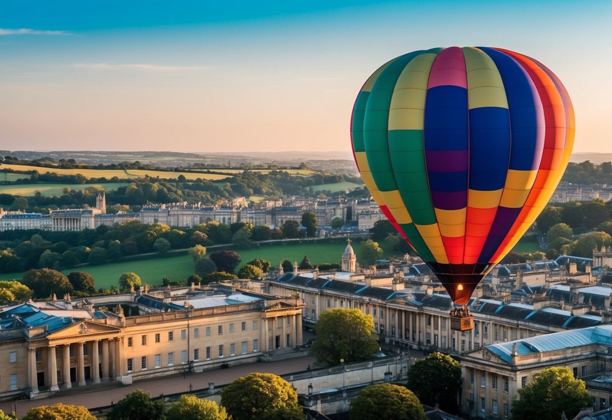 A colorful hot air balloon floats above the picturesque city of Bath, UK, with rolling hills and historic architecture below