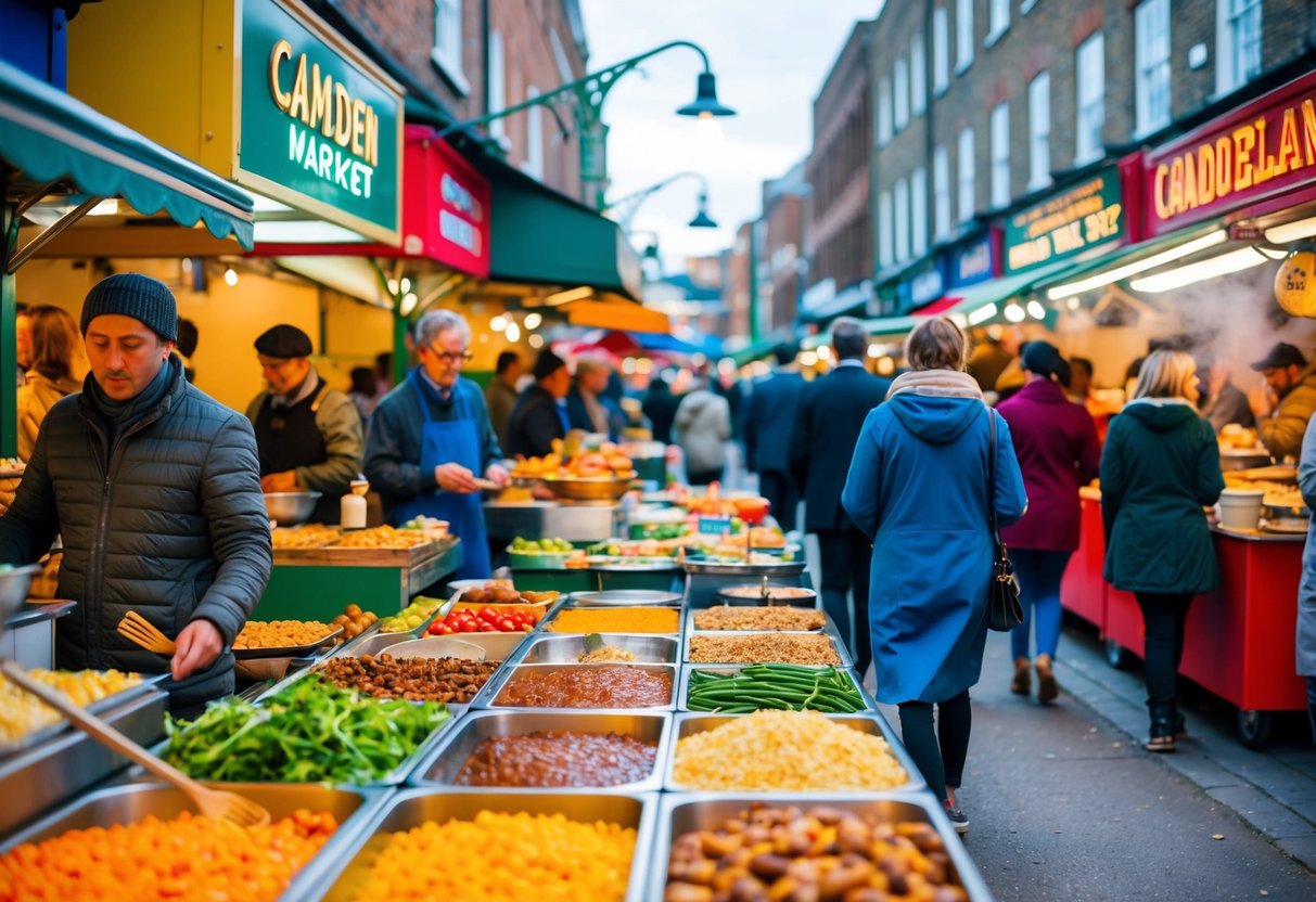 Colorful food stalls line the bustling Camden Market, offering a variety of international cuisines. The aroma of sizzling street food fills the air as visitors stroll through the vibrant market