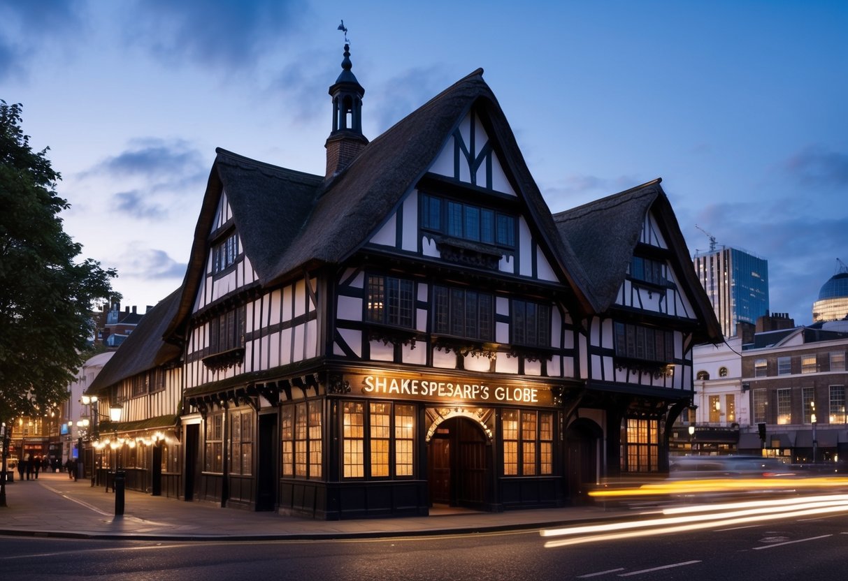 The iconic Shakespeare's Globe theatre at dusk, with its thatched roof and wooden structure, surrounded by the glow of city lights