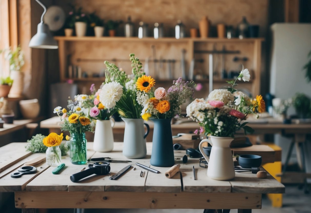 A cozy workshop setting with a table filled with assorted flowers, vases, and tools. Soft lighting and a relaxed atmosphere