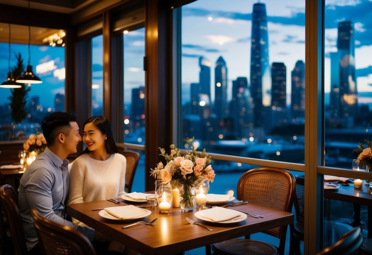 A cozy cafe with a view of the city skyline, a table set with candles and flowers, and a couple enjoying a romantic dinner