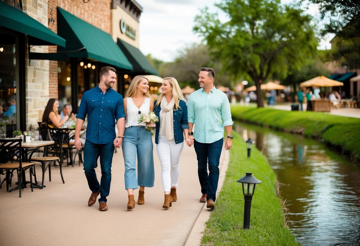 Couples walking by shops, dining al fresco, enjoying live music, and strolling along the creek at Watters Creek in Allen, TX