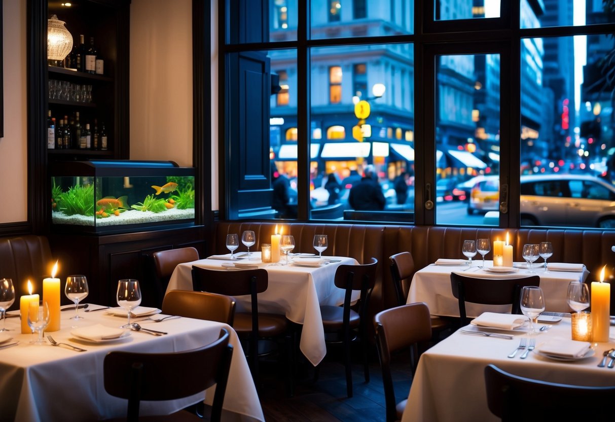 A cozy restaurant with dim lighting, tables set with white tablecloths and flickering candles, a large fish tank as a centerpiece, and a view of the bustling city street outside