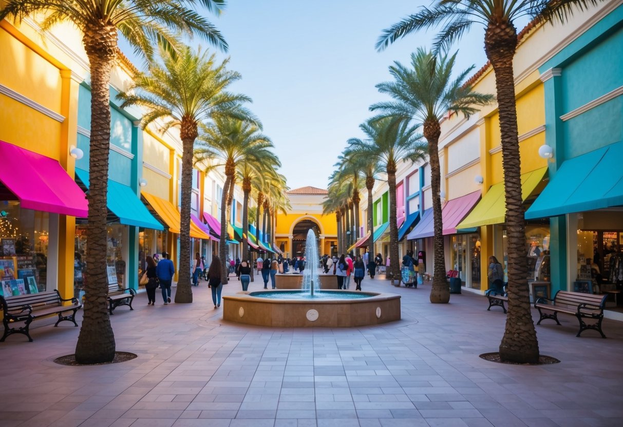 A bustling outdoor mall with colorful storefronts and shoppers browsing. Palm trees and benches line the walkways, with a central courtyard and fountain