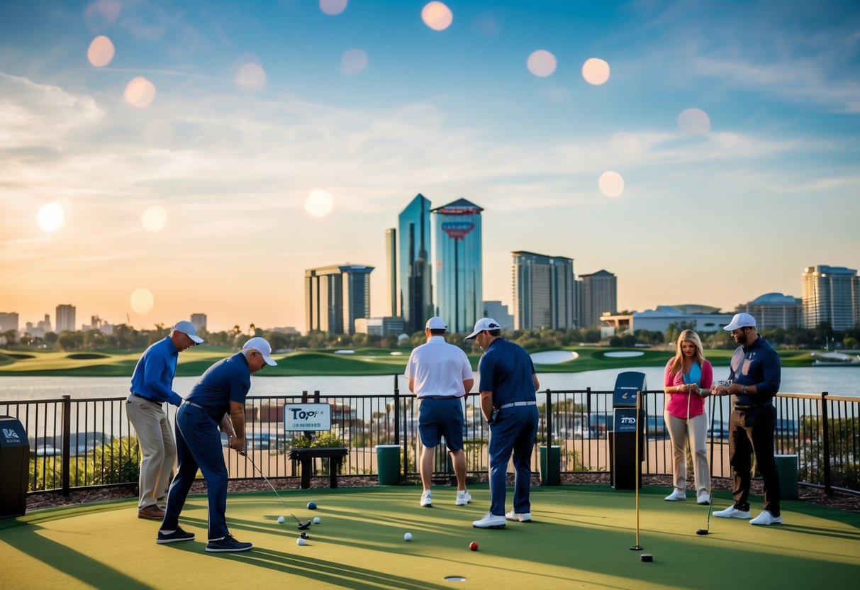 People playing games at Topgolf with cityscape in background