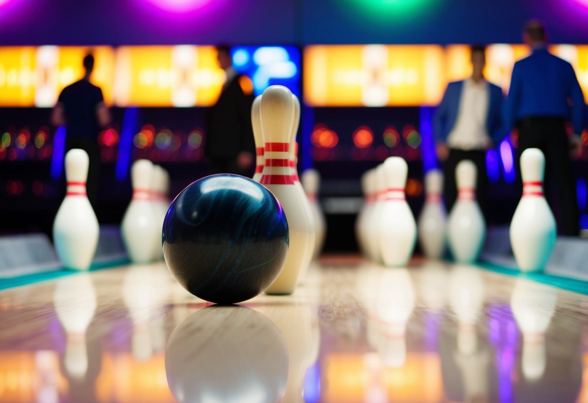 Bowling ball rolling towards pins at PINSTACK, with colorful lights and people in the background