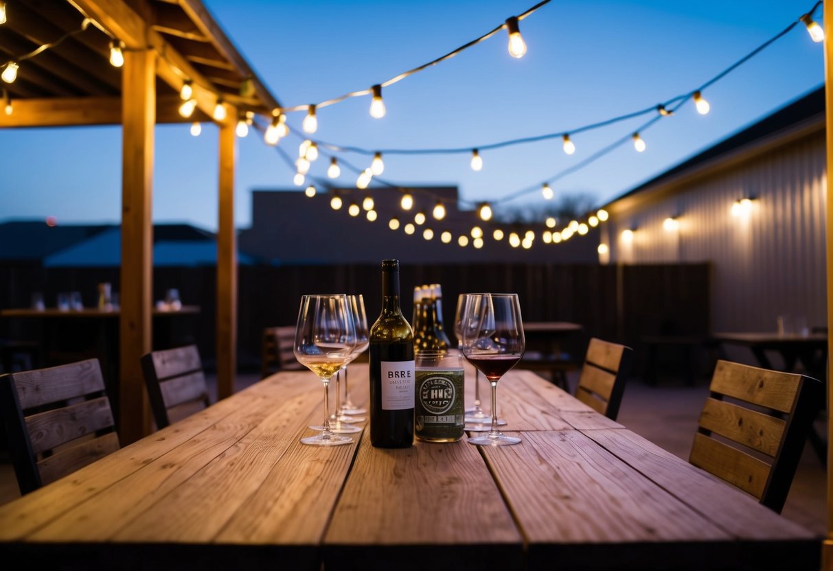 A cozy outdoor patio with string lights, a variety of wine glasses, and a rustic wooden table at Nine Band Brewing in Allen, TX